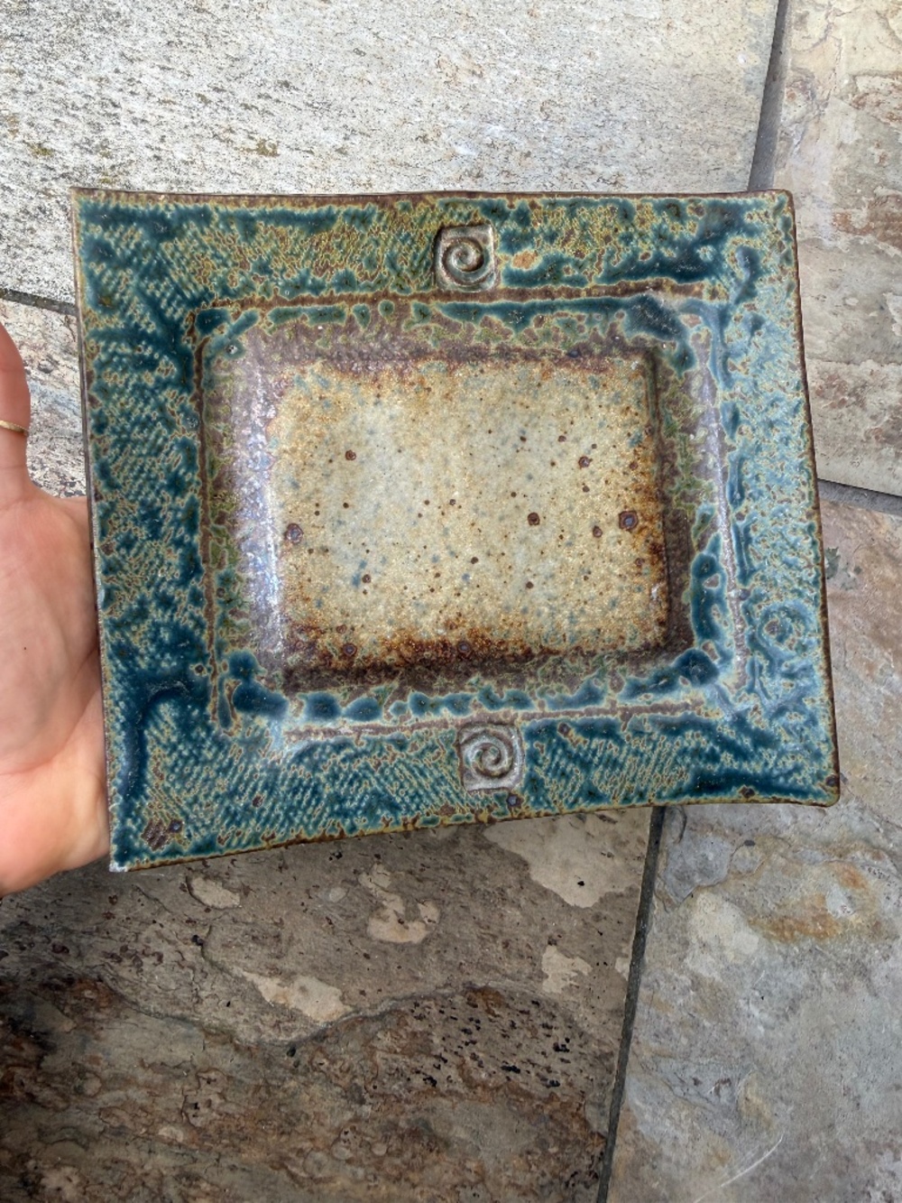 Glazed Art Pottery Trinket Tray Speckled Glaze Blue & Green & Brown Primitive.